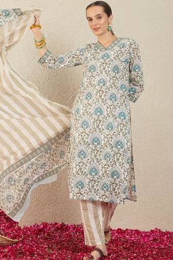 Women Ethnic Motifs Printed Regular Pure Cotton Kurta with Trousers & With Dupatta