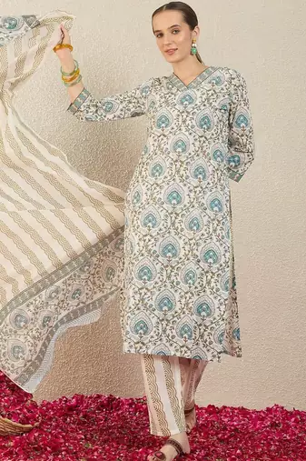 Women Ethnic Motifs Printed Regular Pure Cotton Kurta with Trousers & With Dupatta