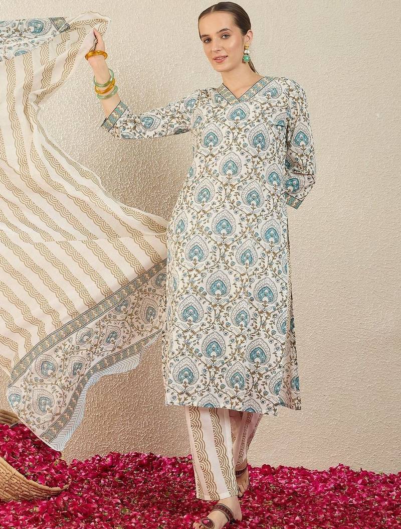 Women Ethnic Motifs Printed Regular Pure Cotton Kurta with Trousers & With Dupatta