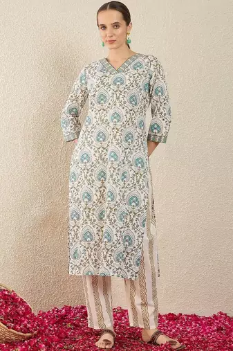 Women Ethnic Motifs Printed Regular Pure Cotton Kurta with Trousers & With Dupatta