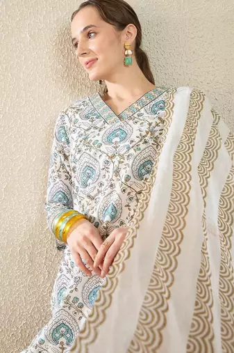 Women Ethnic Motifs Printed Regular Pure Cotton Kurta with Trousers & With Dupatta