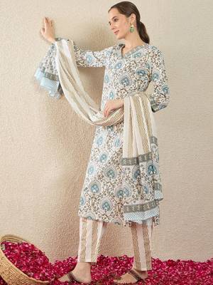 Women Ethnic Motifs Printed Regular Pure Cotton Kurta with Trousers & With Dupatta 4