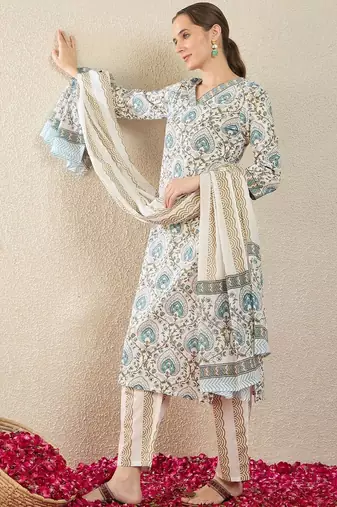 Women Ethnic Motifs Printed Regular Pure Cotton Kurta with Trousers & With Dupatta