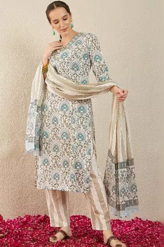 Women Ethnic Motifs Printed Regular Pure Cotton Kurta with Trousers & With Dupatta