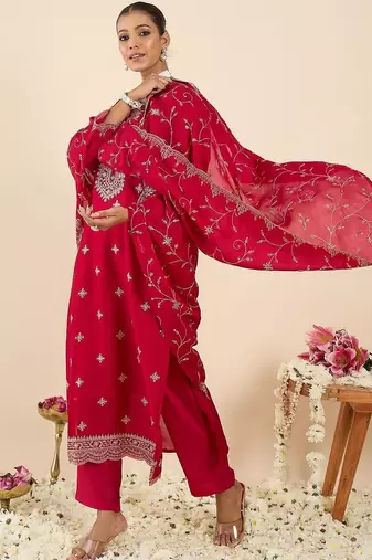 Floral Embroidered Round Neck Regular Straight Kurta With Trousers & Dupatta