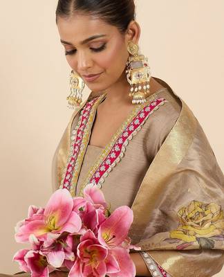 Women Floral Panelled Thread Work Raw Silk Kurta with Trousers & With Dupatta 2