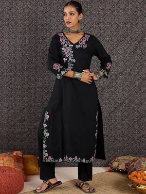 Women Floral Embroidered Regular Thread Work Pure Cotton Kurta with Trousers 5