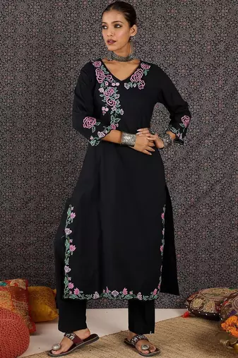 Women Floral Embroidered Regular Thread Work Pure Cotton Kurta with Trousers
