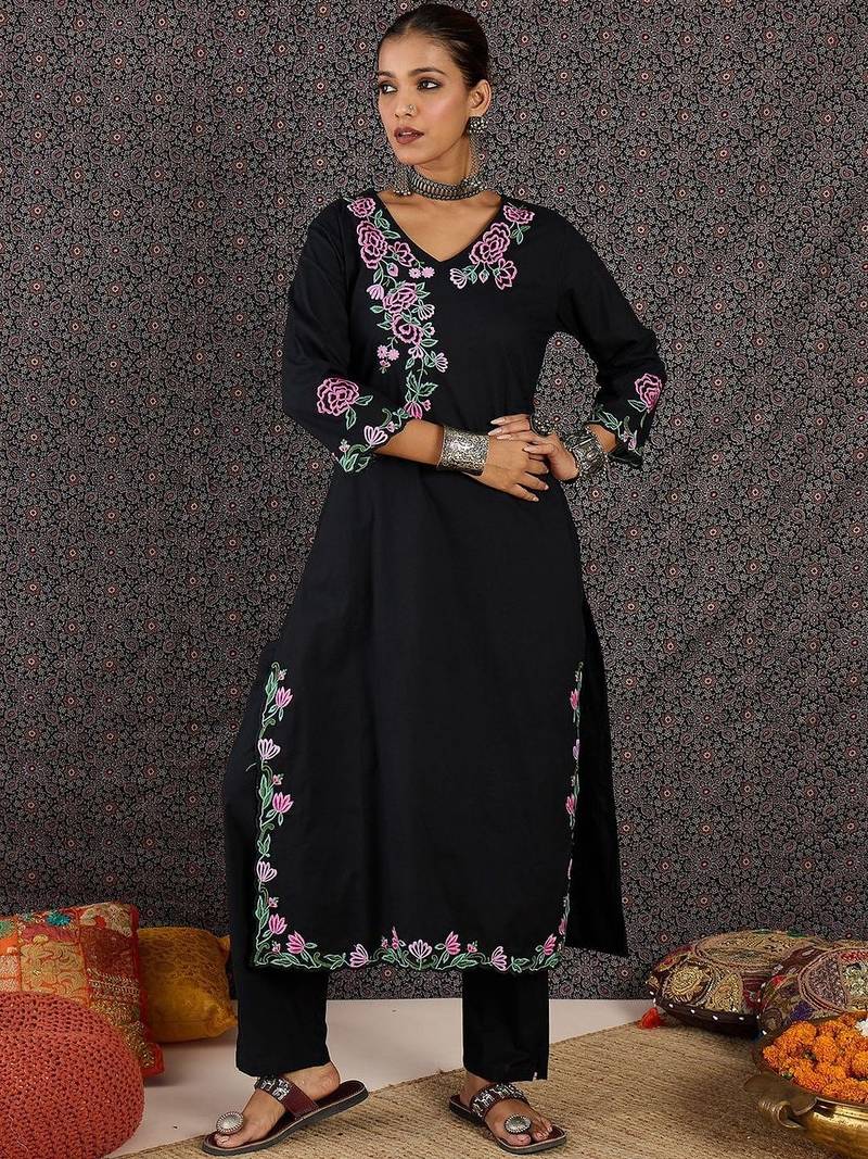 Women Floral Embroidered Regular Thread Work Pure Cotton Kurta with Trousers