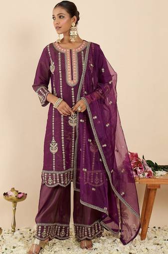 Women Ethnic Motifs Embroidered Regular Kurta with Palazzos & With Dupatta