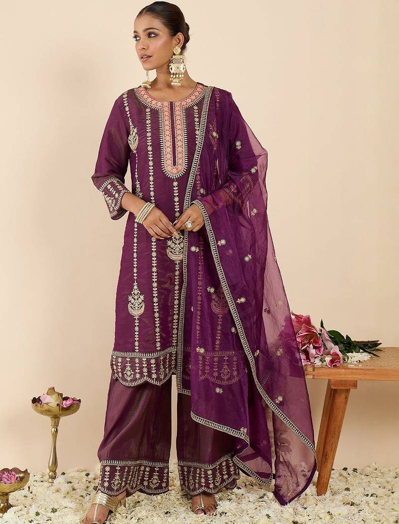 Women Ethnic Motifs Embroidered Regular Kurta with Palazzos & With Dupatta