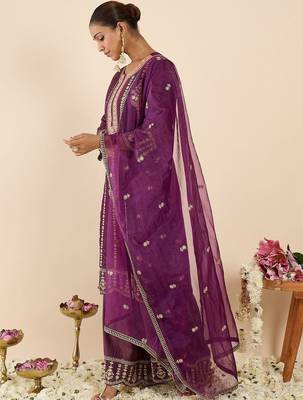 Women Ethnic Motifs Embroidered Regular Kurta with Palazzos & With Dupatta 6