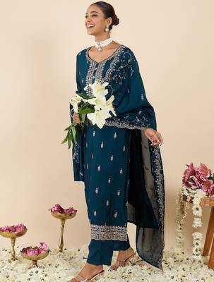Women Ethnic Motifs Embroidered Regular Kurta with Trousers & With Dupatta 1