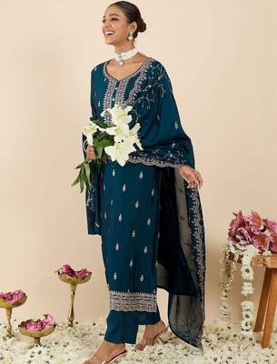 Women Ethnic Motifs Embroidered Regular Kurta with Trousers & With Dupatta 3