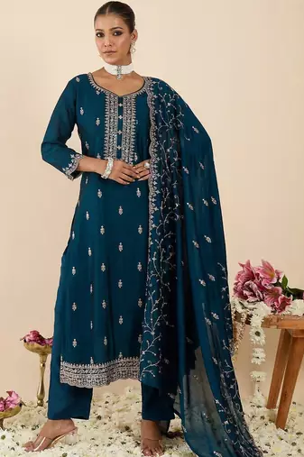 Women Ethnic Motifs Embroidered Regular Kurta with Trousers & With Dupatta