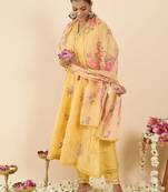 Women Floral Embroidered Panelled Thread Work Kurta with Trousers & With Dupatta