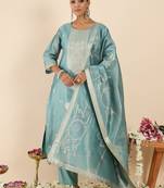 Floral Printed Thread Work Pure Cotton Kurta With Palazzos & Dupatta