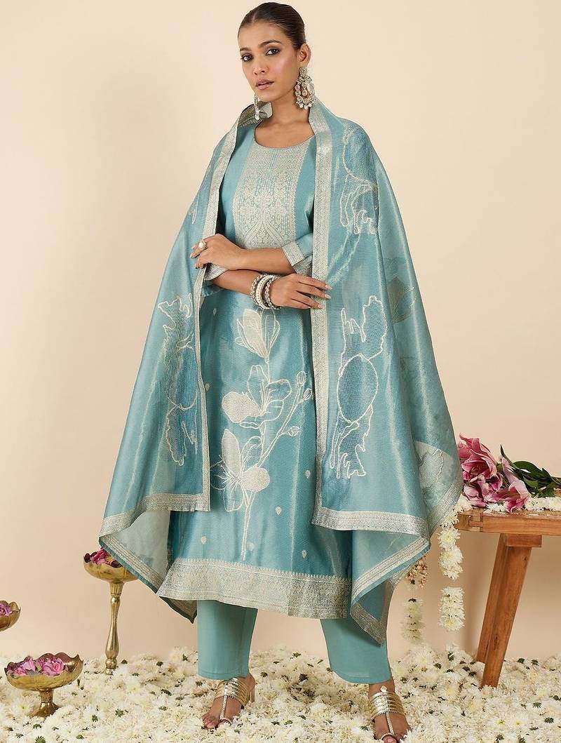 Floral Printed Thread Work Pure Cotton Kurta With Palazzos & Dupatta