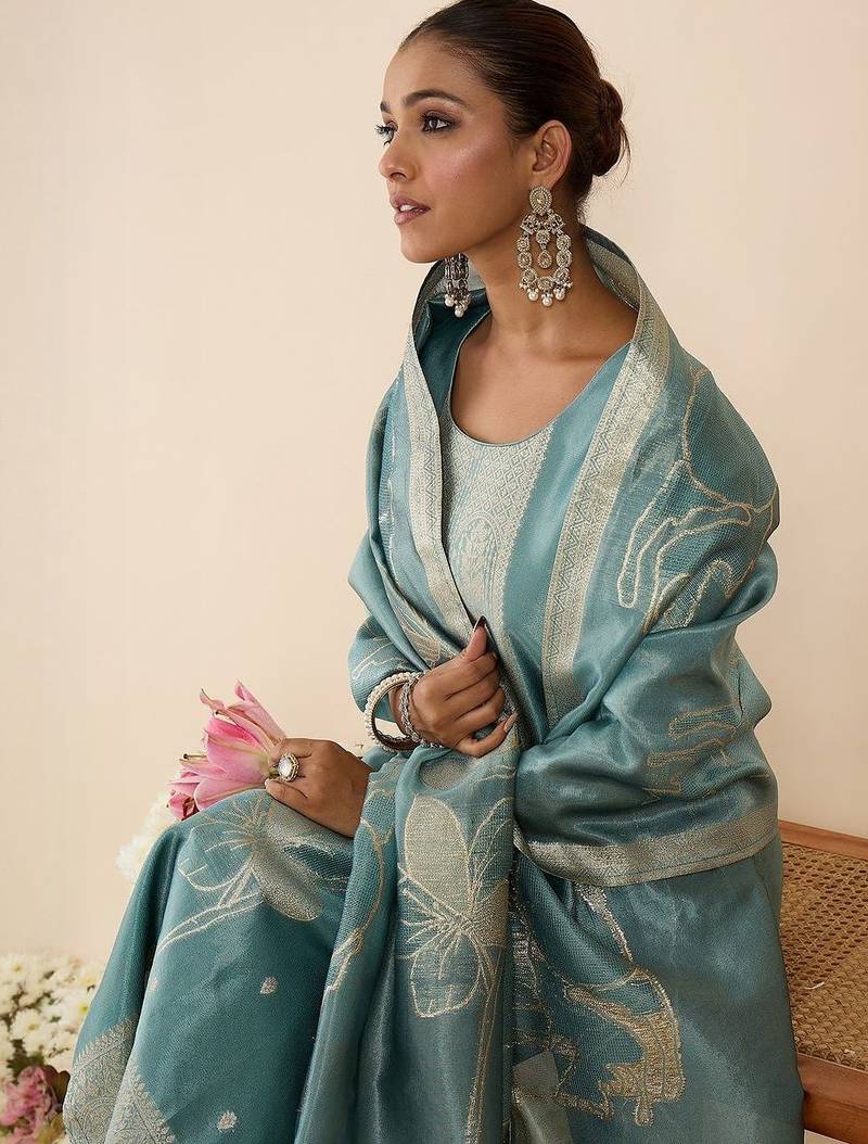Floral Printed Thread Work Pure Cotton Kurta With Palazzos & Dupatta