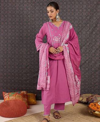 Women Floral Embroidered Panelled Thread Work Pure Cotton Kurta with Trousers & With Dupatta 1