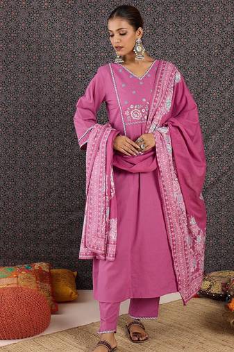 Women Floral Embroidered Panelled Thread Work Pure Cotton Kurta with Trousers & With Dupatta
