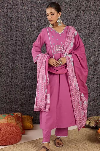 Women Floral Embroidered Panelled Thread Work Pure Cotton Kurta with Trousers & With Dupatta