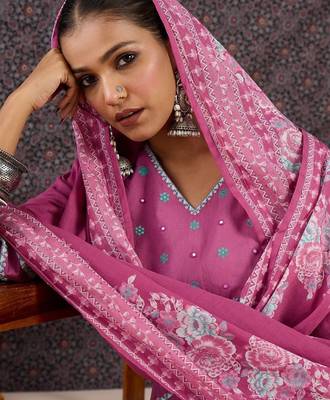 Women Floral Embroidered Panelled Thread Work Pure Cotton Kurta with Trousers & With Dupatta 3