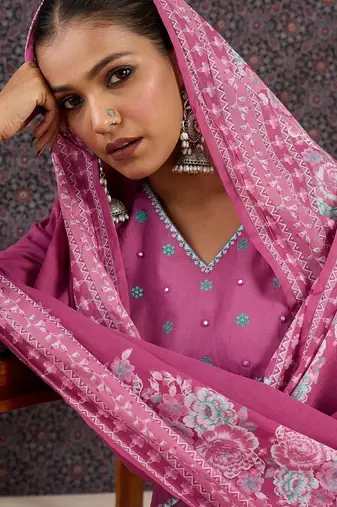 Women Floral Embroidered Panelled Thread Work Pure Cotton Kurta with Trousers & With Dupatta