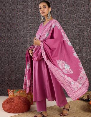 Women Floral Embroidered Panelled Thread Work Pure Cotton Kurta with Trousers & With Dupatta 5