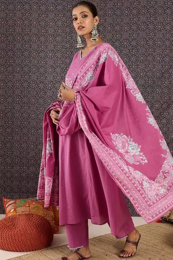 Women Floral Embroidered Panelled Thread Work Pure Cotton Kurta with Trousers & With Dupatta