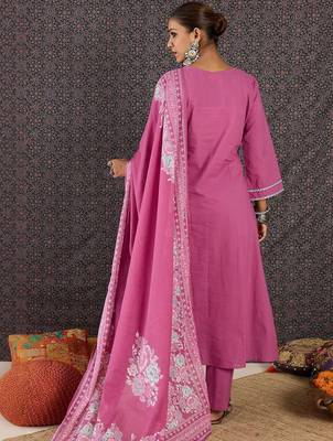 Women Floral Embroidered Panelled Thread Work Pure Cotton Kurta with Trousers & With Dupatta 6