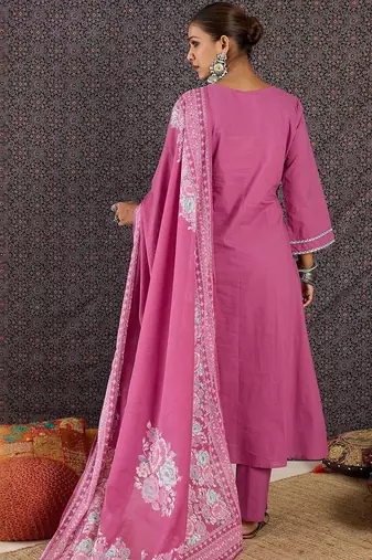 Women Floral Embroidered Panelled Thread Work Pure Cotton Kurta with Trousers & With Dupatta