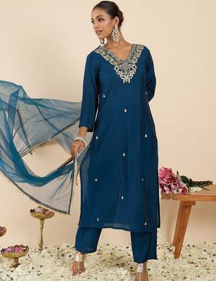 Women Ethnic Motifs Embroidered Regular Kurta with Trousers & With Dupatta 1