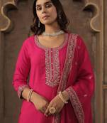 Ethnic Motifs Embroidered Chanderi Cotton Kurta With Trousers & Dupatta