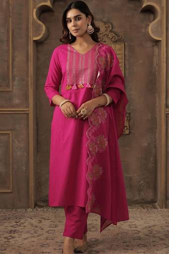 Ethnic Motifs Embroidered Thread Work  Cotton Kurta With Trousers & Dupatta