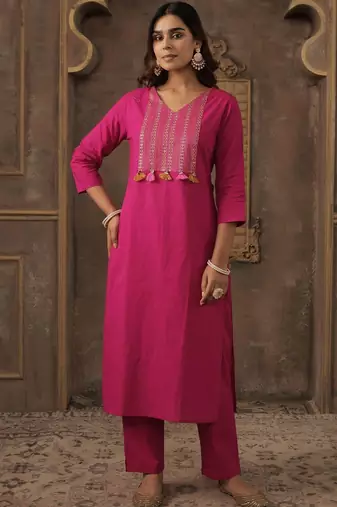 Ethnic Motifs Embroidered Thread Work Pure Cotton Kurta With Trousers & Dupatta