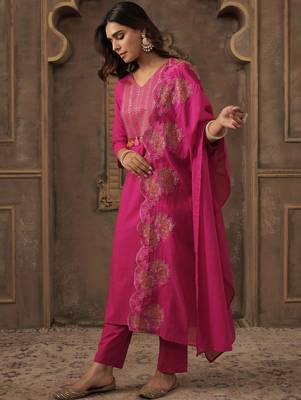Ethnic Motifs Embroidered Thread Work Pure Cotton Kurta With Trousers & Dupatta 4