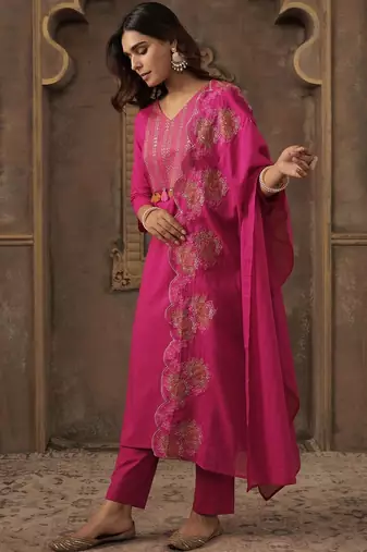 Ethnic Motifs Embroidered Thread Work Pure Cotton Kurta With Trousers & Dupatta