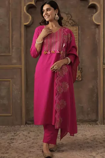 Ethnic Motifs Embroidered Thread Work Pure Cotton Kurta With Trousers & Dupatta