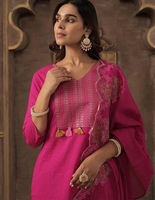 Ethnic Motifs Embroidered Thread Work Pure Cotton Kurta With Trousers & Dupatta 7