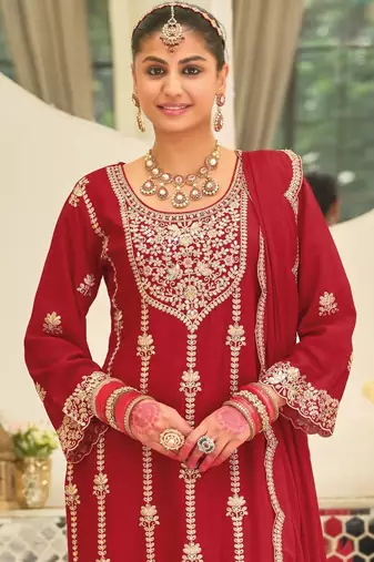 Ethnic Motifs Embroidered Straight Kurta With Palazzos & Dupatta