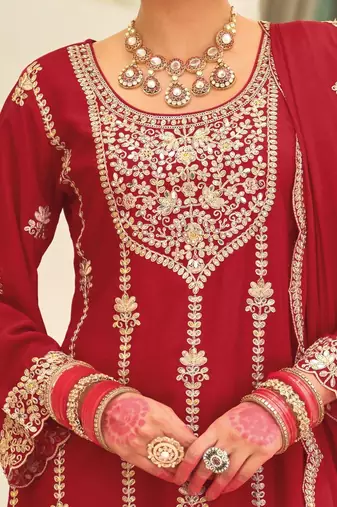 Ethnic Motifs Embroidered Straight Kurta With Palazzos & Dupatta
