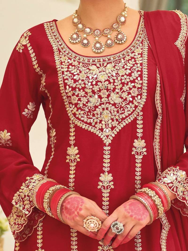 Ethnic Motifs Embroidered Straight Kurta With Palazzos & Dupatta