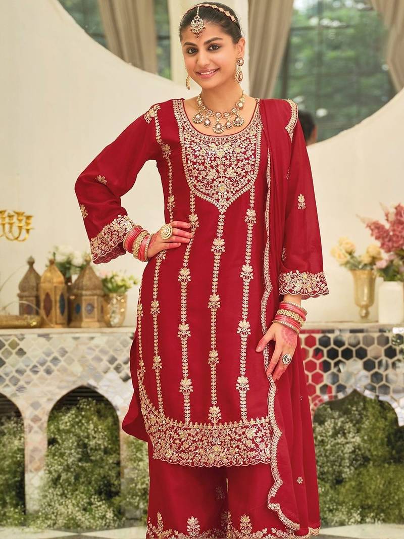 Ethnic Motifs Embroidered Straight Kurta With Palazzos & Dupatta