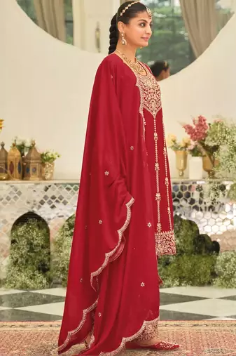 Ethnic Motifs Embroidered Straight Kurta With Palazzos & Dupatta