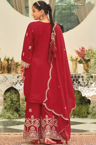 Ethnic Motifs Embroidered Straight Kurta With Palazzos & Dupatta