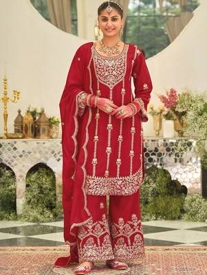 Ethnic Motifs Embroidered Straight Kurta With Palazzos & Dupatta 6