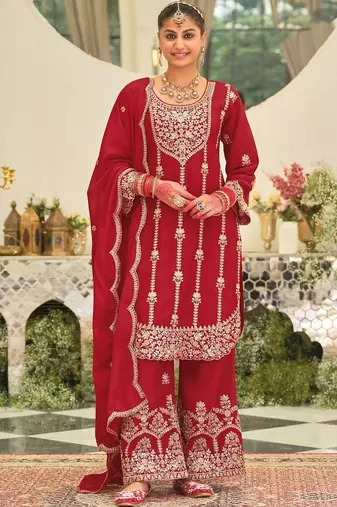 Ethnic Motifs Embroidered Straight Kurta With Palazzos & Dupatta