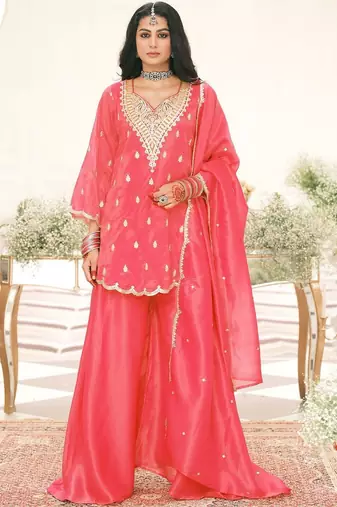 Ethnic Motifs Embroidered V-Neck Thread Work Kurta With Palazzos & Dupatta