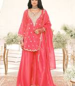 Ethnic Motifs Embroidered V-Neck Thread Work Kurta With Palazzos & Dupatta